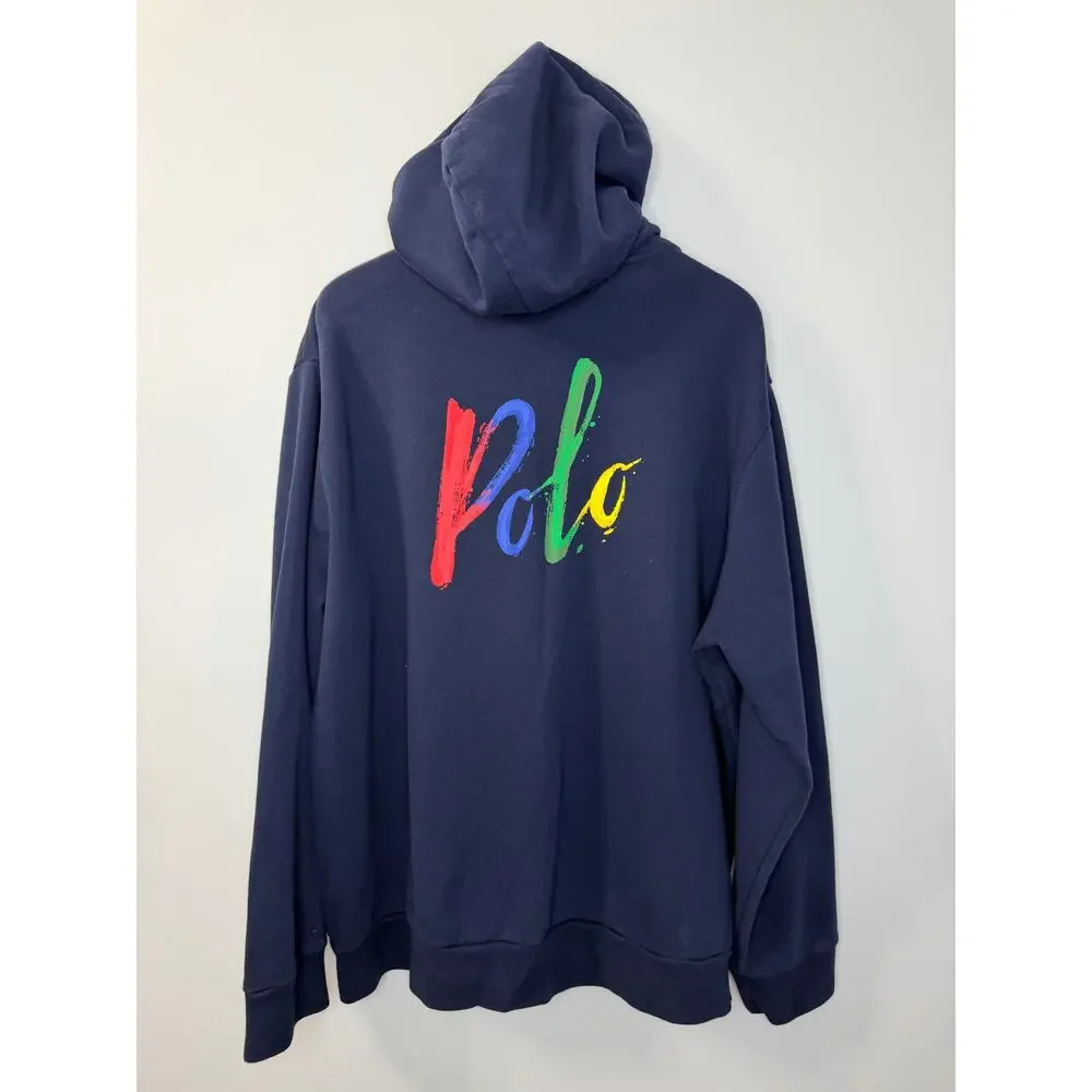 Polo Ralph Lauren Full Zip Hoodie Rainbow Spellout Pony Logo Sweatshirt Blue XXL